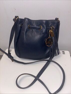 Michael Kors Navy Pebbled Leather Drawstring Crossbody with Tassel